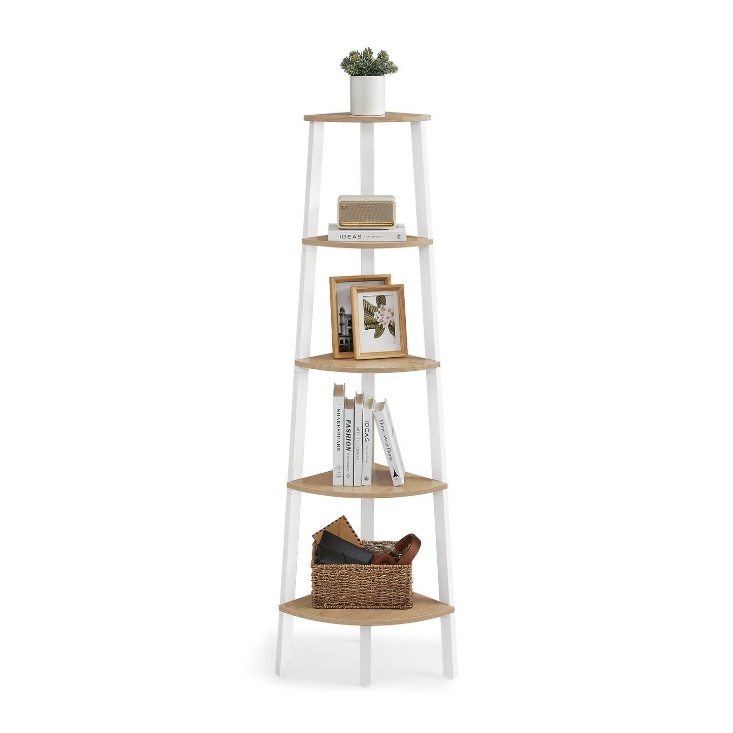 VASAGLE Corner Shelf Stand, 5-Tier Corner Bookshelf, Industrial Ladder Shelf, Plant Stand for Living Room, Office, Kitchen, Natural Oak and Matte White ULLS035Y01