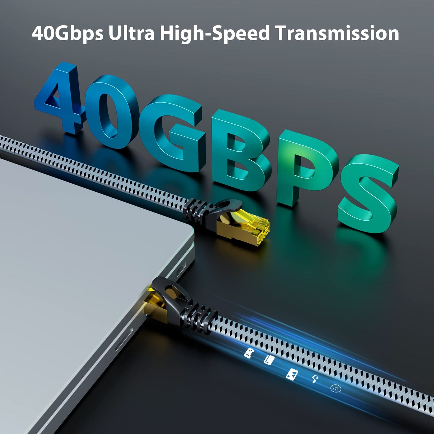 Cat 8 Ethernet Cable 100 FT, ARISKEEN 40Gbps 2000Mhz High Speed Cat8 Network LAN Patch Cord, Nylon Braided High Duty Shielded RJ45 Flat Internet Cable with Clips for Indoor Outdoor - 100 Feet (Grey)