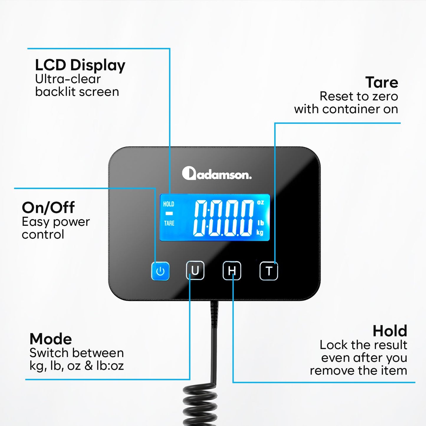 Shipping Scale - 440 lbs/0.35oz - High Accurate Digital Postal Scale with Hold/Tare Function - Perfect for Packages, Luggage, Suitcase, Home Use - Battery & Cable Included - Black Mat