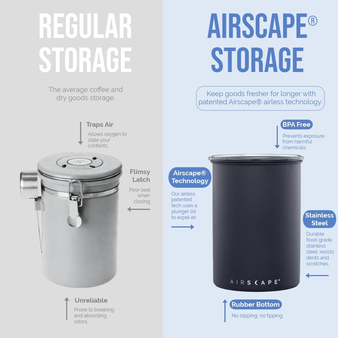 Airscape Stainless Steel Coffee Canister | Food Storage Container | Patented Airtight Lid | Push Out Excess Air Preserve Food Freshness (Matte Black, Small)