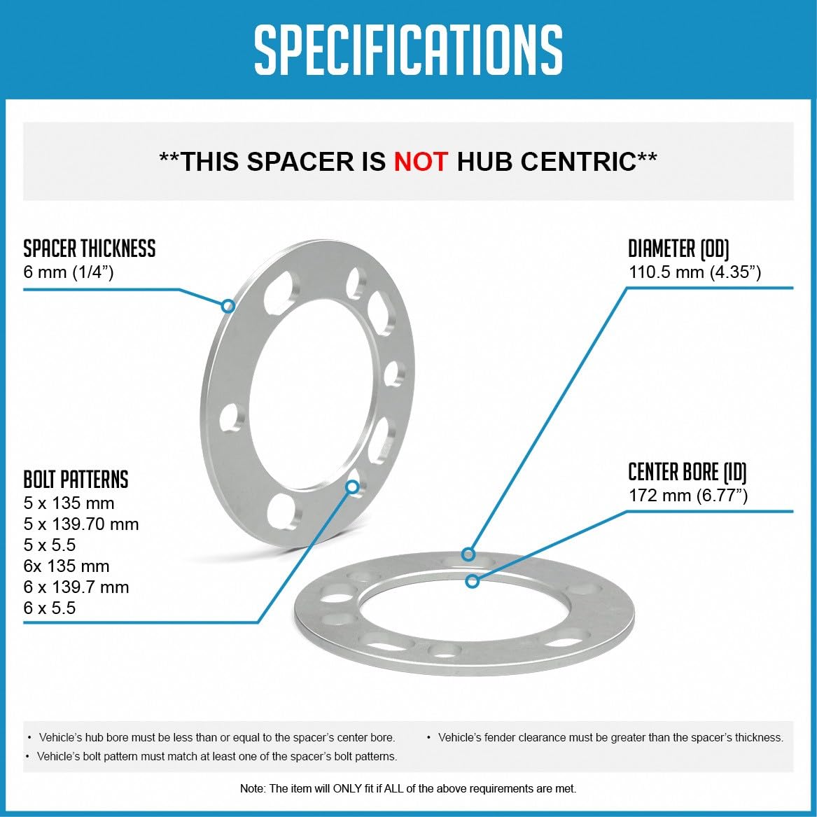 Wheel Accessories Parts 4 Pcs Die Cast Wheel Spacers 6mm 1/4" Thick Fits bolt patterns 5x135mm 5x139.70mm 5x5.5 6x135mm 6x139.7mm 6x5.5 Compatible with Ford F-150 ｜ Chevy Silverado 1500 ｜ RAM 1500