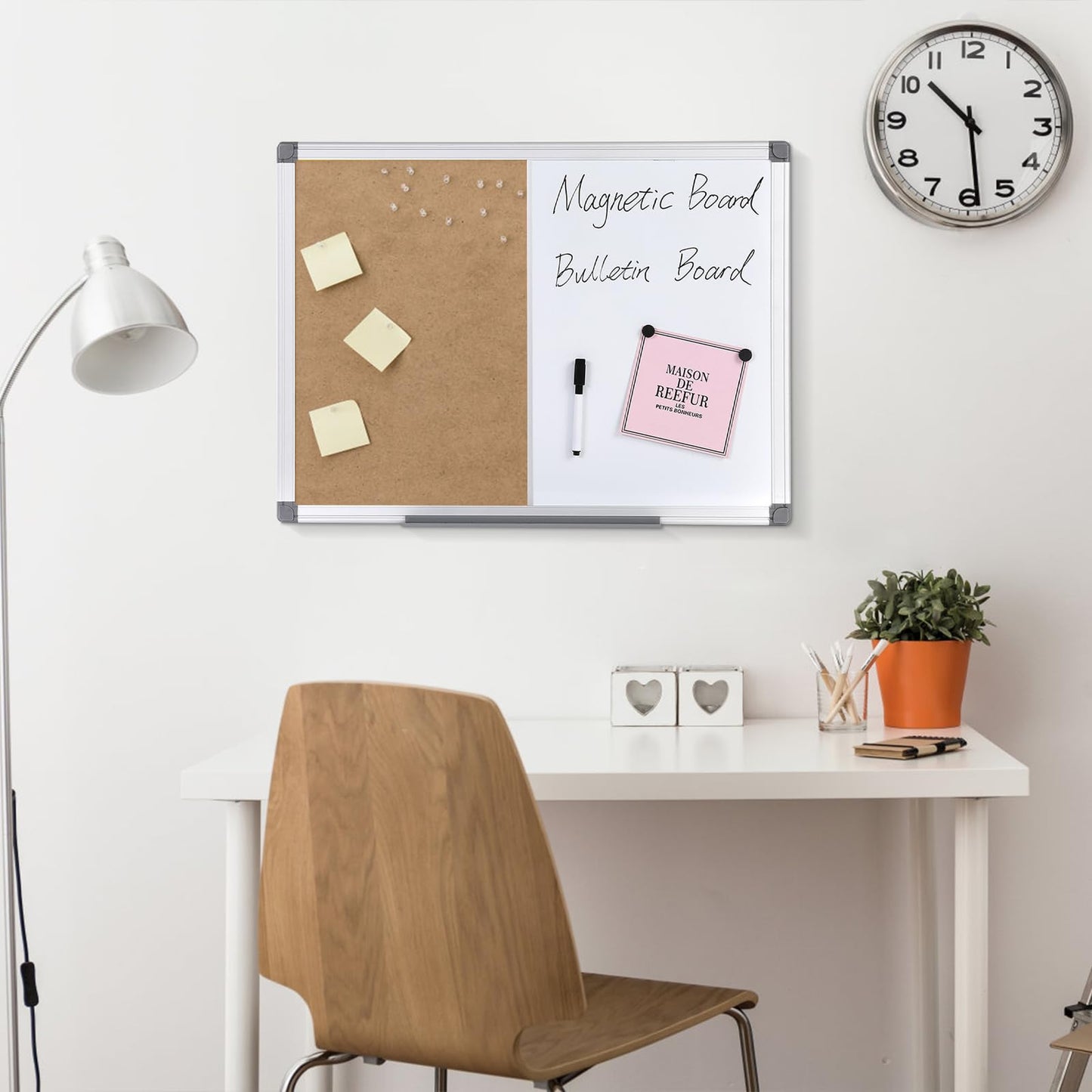 Cork Board and Dry Erase Board Combo Bulletin Board Combination Magnetic WhiteBoard Calendar Pin Notice Board for Home Office School with 4 Dry Erase Maker+6 Magnets+12 Pushpins, 24x18inches