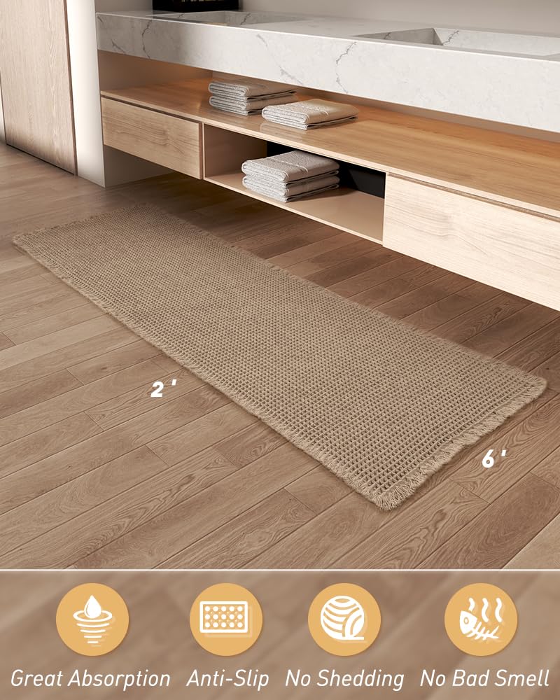 Rvolst Bath Mat for Bathroom Waffle Woven Bathroom Mat Super Absorbent Long Bathroom Runner Machine Washable Non Slip Bath Rug Farmhouse Boho 61x183cm Brown