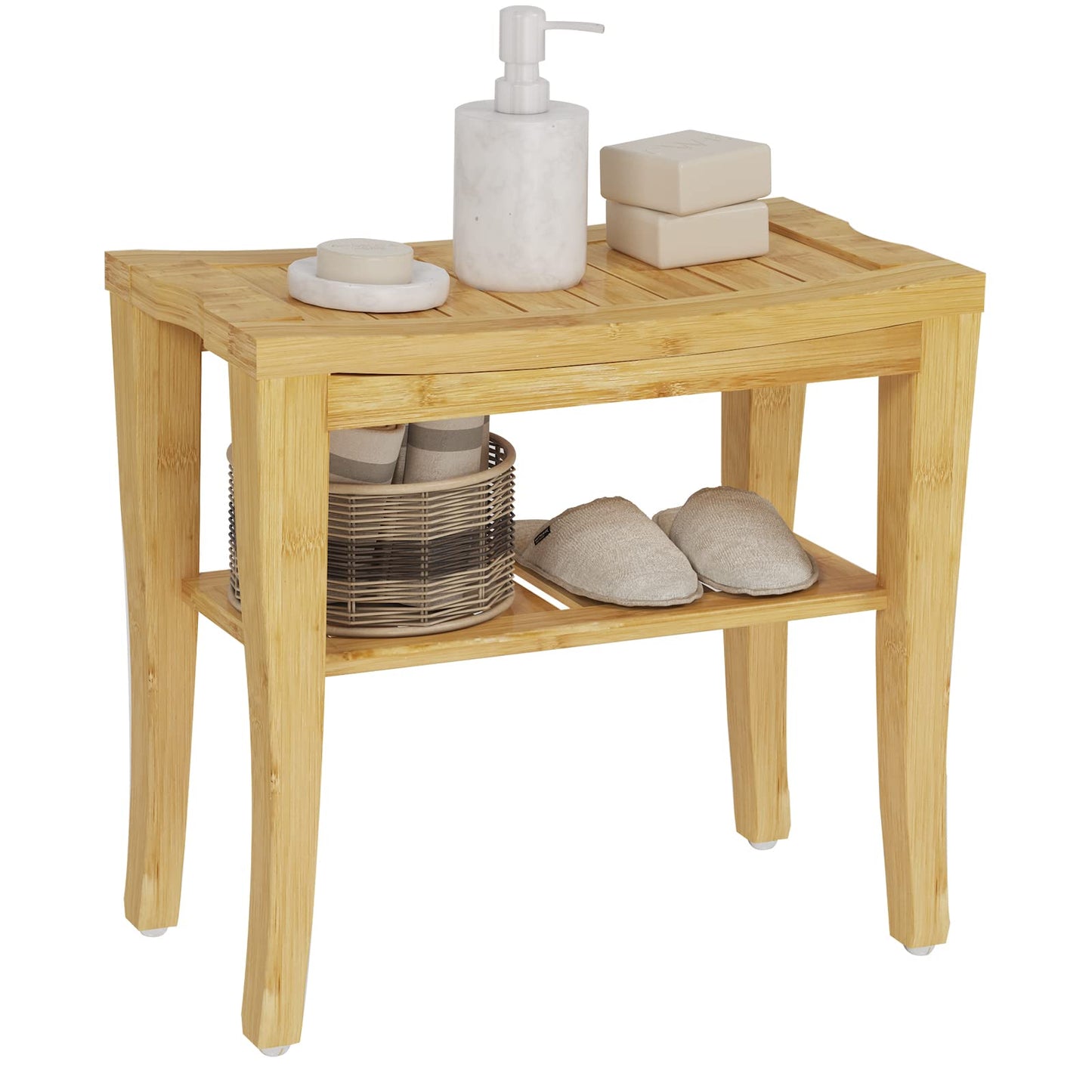 SogesGame Bamboo Shower Bench Stool with Shelf 2-Tier Wood Storage & Seating for Bathroom, Shower Bench Waterproof Chair, Bath Stool, Spa Sauna Seat,KS-HSJ-04-S8-CA