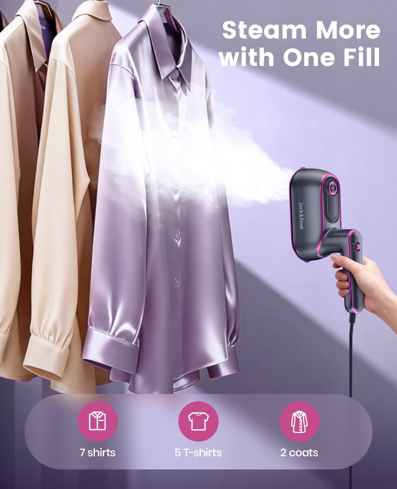 Jack ＆ Rose Steamer Clothes,8s Fast Heat-up Travel Steam Iron,Portable Clothing Steamer with Large Ceramic Heat Panel & 180° Rotating Handle
