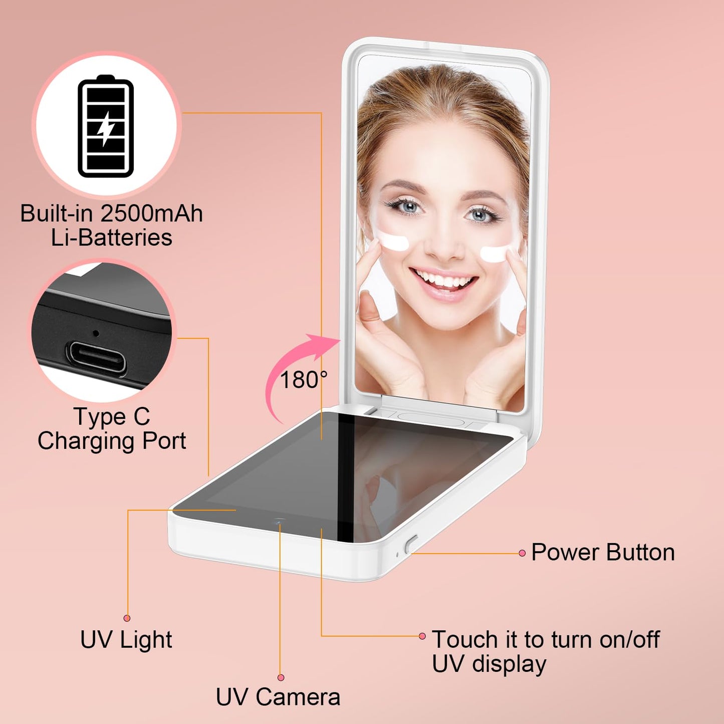 Vanexiss UV Camera for Sunscreen Test UV Mirror Sunscreen Camera, 4 Inch Vanity Mirror Rechargeable Compact Travel Makeup Mirror Handheld Double-Sided Pocket Mirror for Skin Protection(White)
