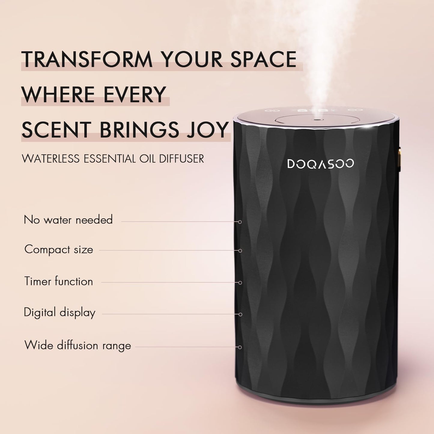 DOQASOO Waterless Diffuser for Essential Oils - Aluminum Metal Texture, 96H Cordless Nebulizer with Timer & 4 Mist Levels, Portable Aromatherapy for Home Room and Car