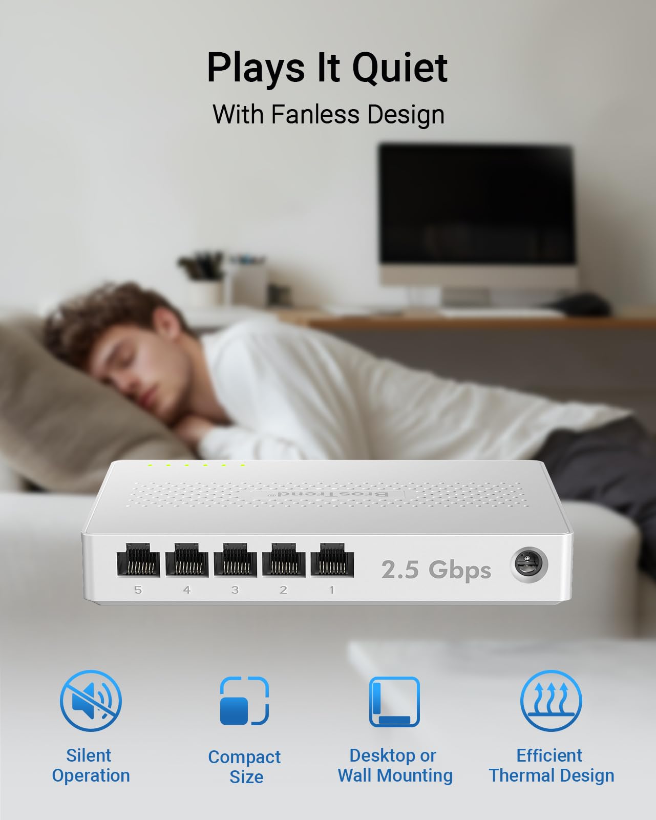 BrosTrend 5 Port 2.5Gb Ethernet Switch, Multi-Gigabit Unmanaged Network Switch for Gaming, NAS, PC, 2.5G Ethernet Splitter Hub, Plug & Play, Fanless Design, Desktop / Wall-Mount, Lifetime Protection