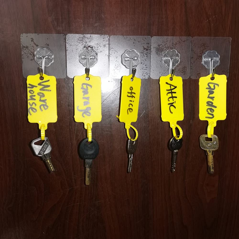 XF-Vel 100pcs Reusable Yellow Plastic Tags Ties Key Tags 1.45"*2.48" Serrated Tension Sealing Strap with Large Label Plastic Tie Mark Label Waterproof Hang Sign Write on Tag