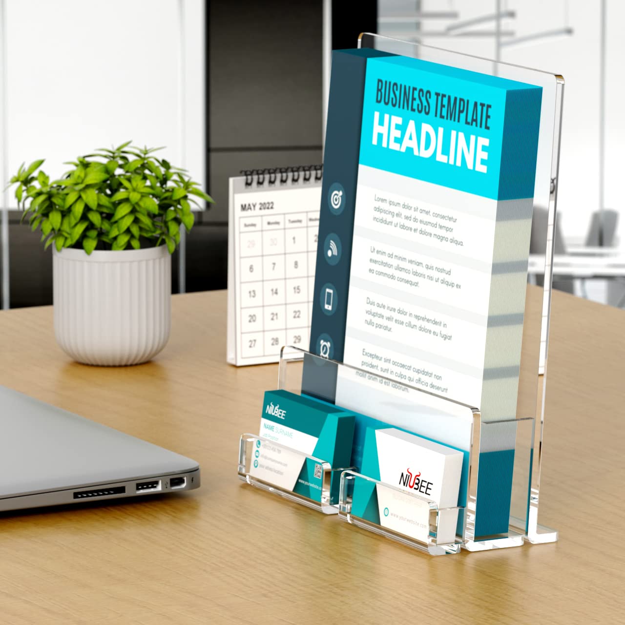 NIUBEE 2-Pack Acrylic Brochure Holder 8.5*11 inches , Clear Brochure Display Stand with Acrylic Business Card Holder, Plastic Flyer Display Stand for Magazine, Pamphlet, Booklets, Menu, Journals