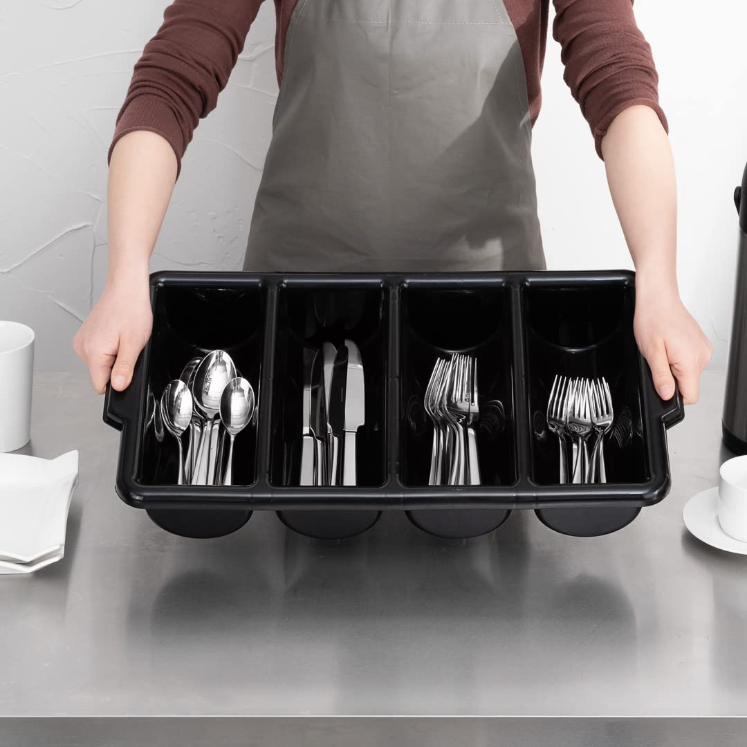 Restaurantware-21.9 x 14.2 x 3.5 Inch Silverware Organizer, 1 Crack-Resistant Cutlery Tray - 4 Compartments, Built-in Handles, Black Plastic Utensils Drawer Holder, for Kitchen Organization