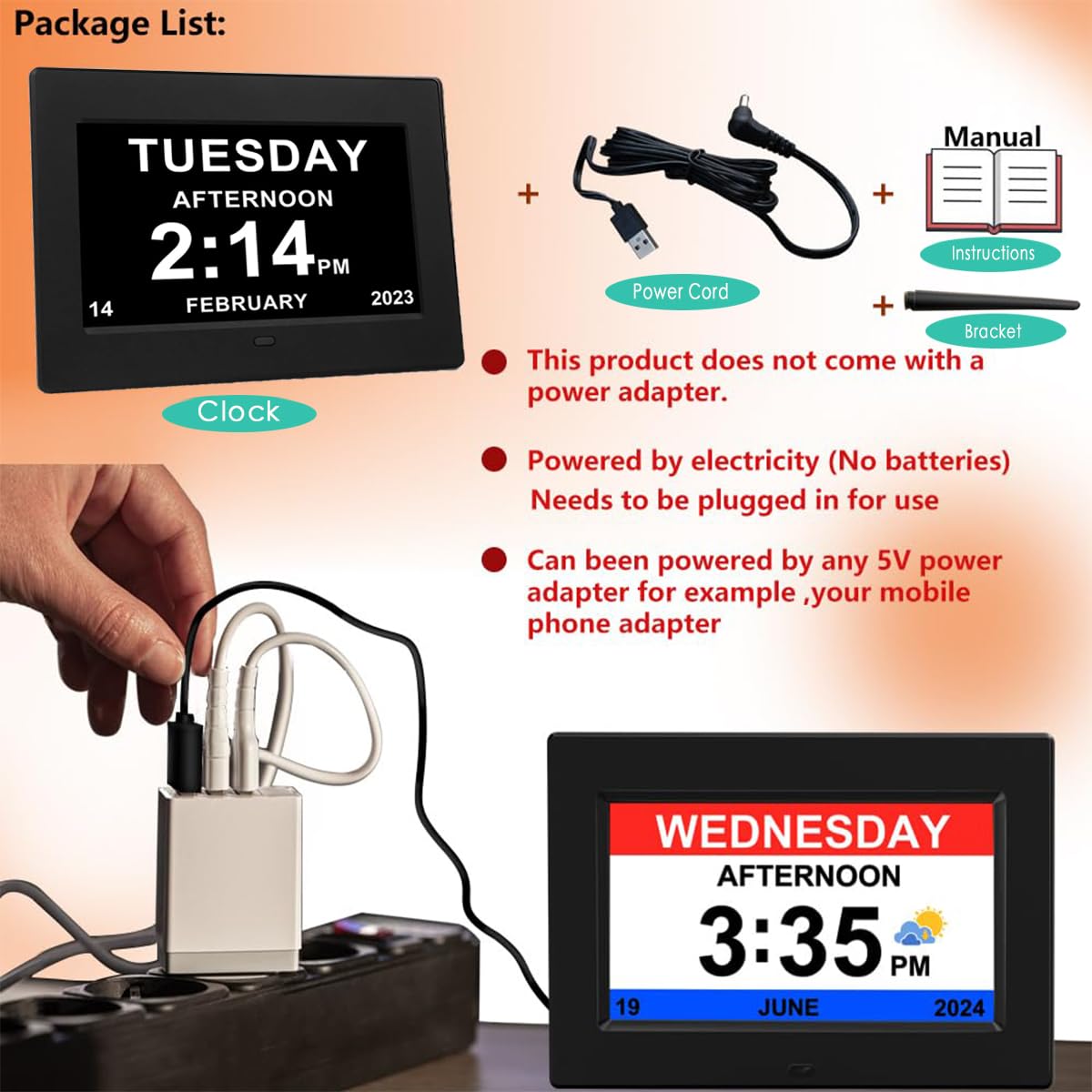 Yuanzeco Alarm Clock with Day and Date for Elderly 3Displays 7inch Digital Calendar Day Clock Photo Frame- Auto Dimmable Display 15 Alarm Options, Day Clock with Non-Abbreviated Day & Month (Black)