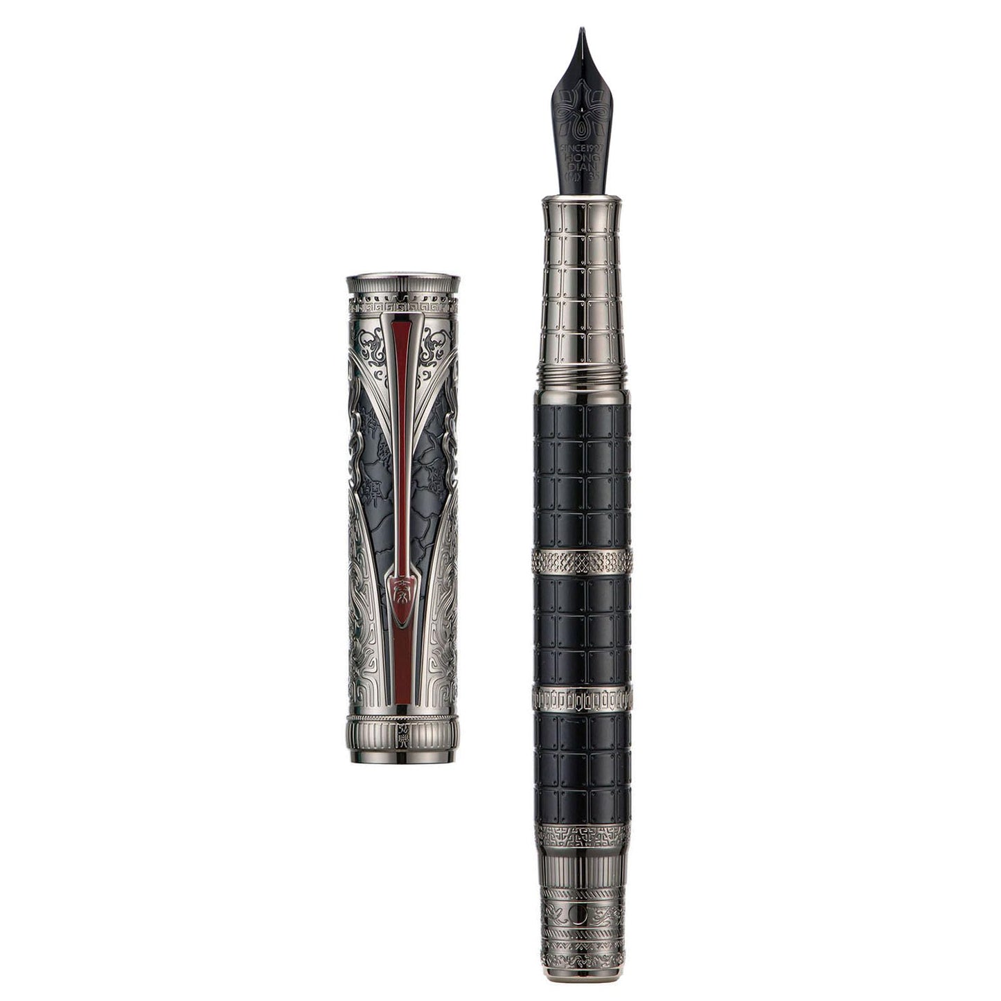 Hongdian D5X Fountain Pen Black Color Medium Nib, Qin Dynasty Retro Chinese Totem Engraving Smooth Writing Pen with Converter and Pen Box Set