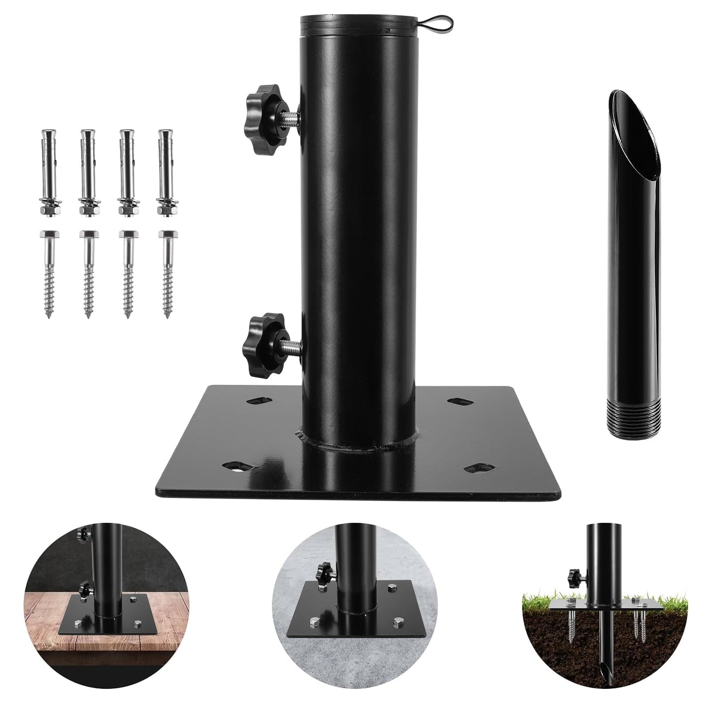 Lalafancy Bolt Down Patio Umbrella Base, Multifunctional Deck Umbrella Mount Outdoor with Ground Spike Fixing, Heavy Duty Metal Table Umbrella Holder Outside for Decks Concrete Lawns Mount