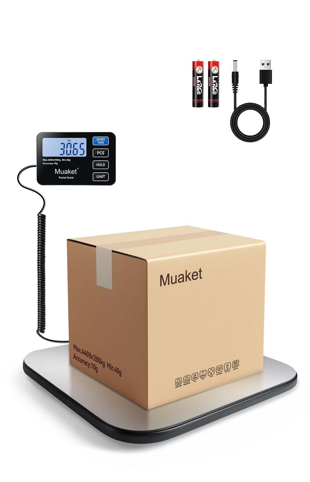 Postal Scales,Muaket 440lb LCD Display Parcel Scales with Hold and Tare Function,High Precision Weighing Scale for Luggage,Package,2 AAA Batteries and Charging Cable Included