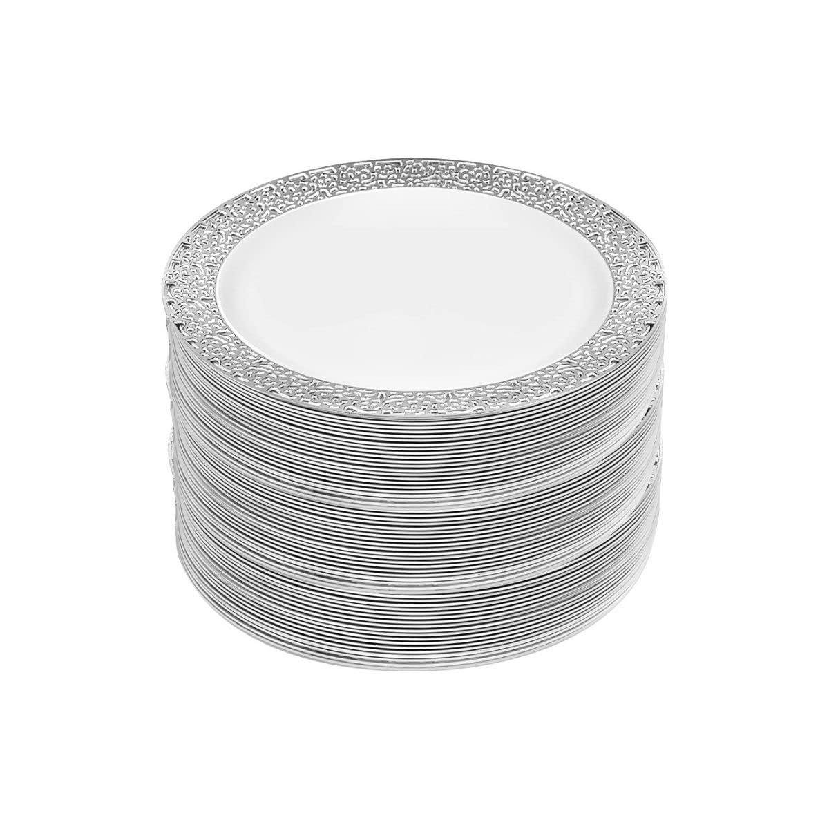 M Honor 60 Piece Silver Lace Rimmed Round Plastic Reusable Plates for Weddings, Parties and Dinners | 7.5 Inch Diameter