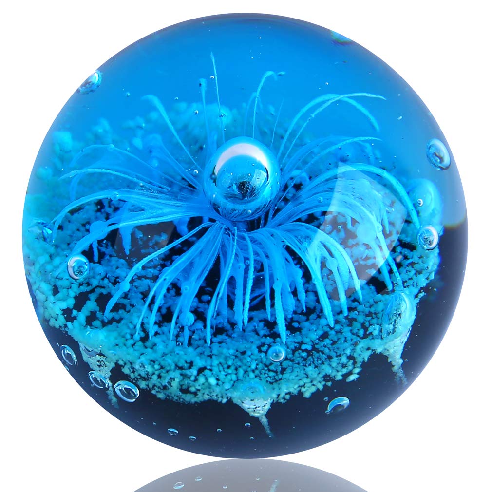 Hand Blown Glass Blue Flower Sphere Figurine, Blue Paperweight Ball, Sea Plant Ornament for Fish Tank Aquarium, Sea Plant Collection for Birthday Gift