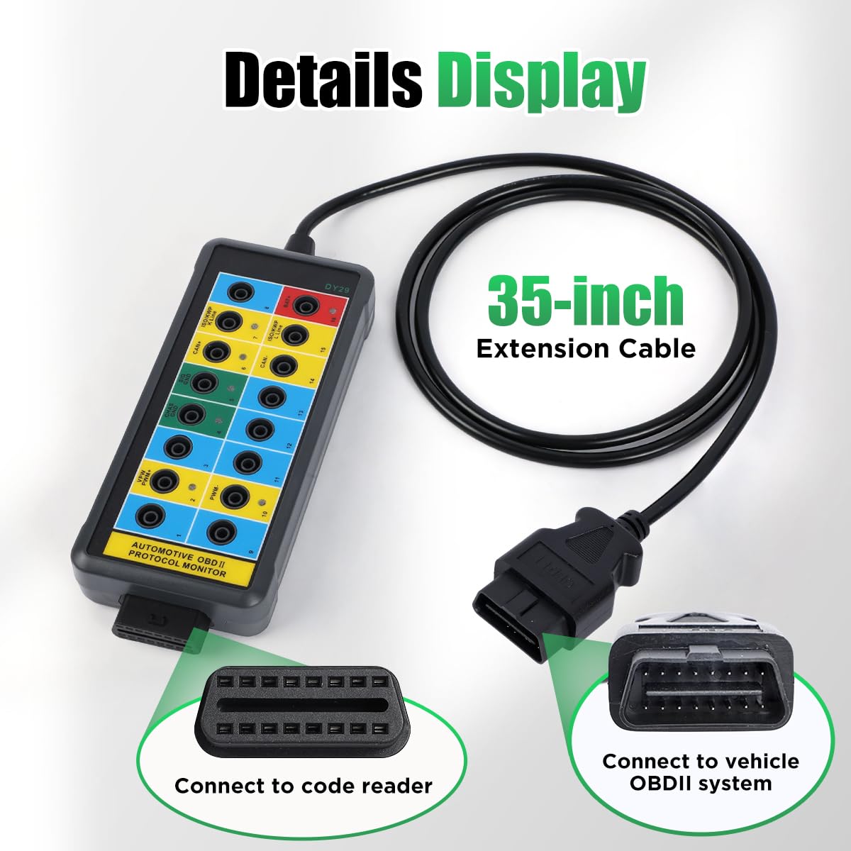 OBD2 Breakout Box Powerful OBDII Protocol Detector Communication/Power/Ground Detection Breakout Box 16-Pin CAN Breakout Box Automotive with OBD2 Scanner Connector, 4mm Banana Jack, 35-inch Cable