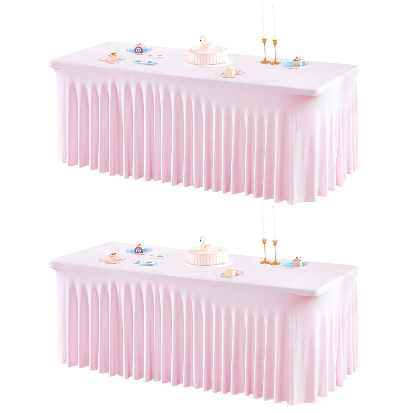 2 Packs Pink Table Clothes for 6 Foot Rectangle Tables, One-Piece Wrinkle Resistant Stretch Spandex Table Covers with Skirt for Event Banquet Wedding Birthday Party