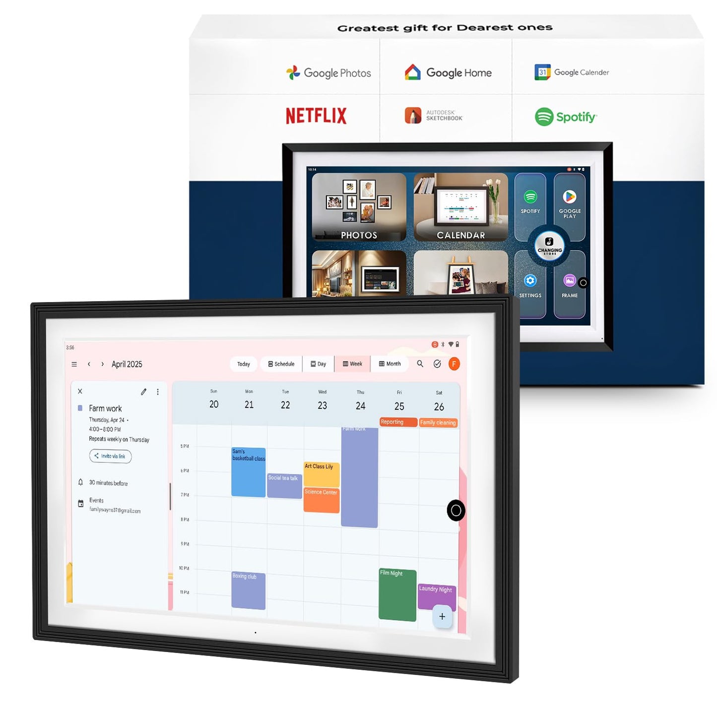10.1" Digital Google Calendar:Chore Chart and Planner for Family Schedules|Picture Frame with Anti-Glare Touchscreen|Wall-Mount or Desktop|Google Voice Assistant,Home Hub,App Store|Li-Battery&Speakers
