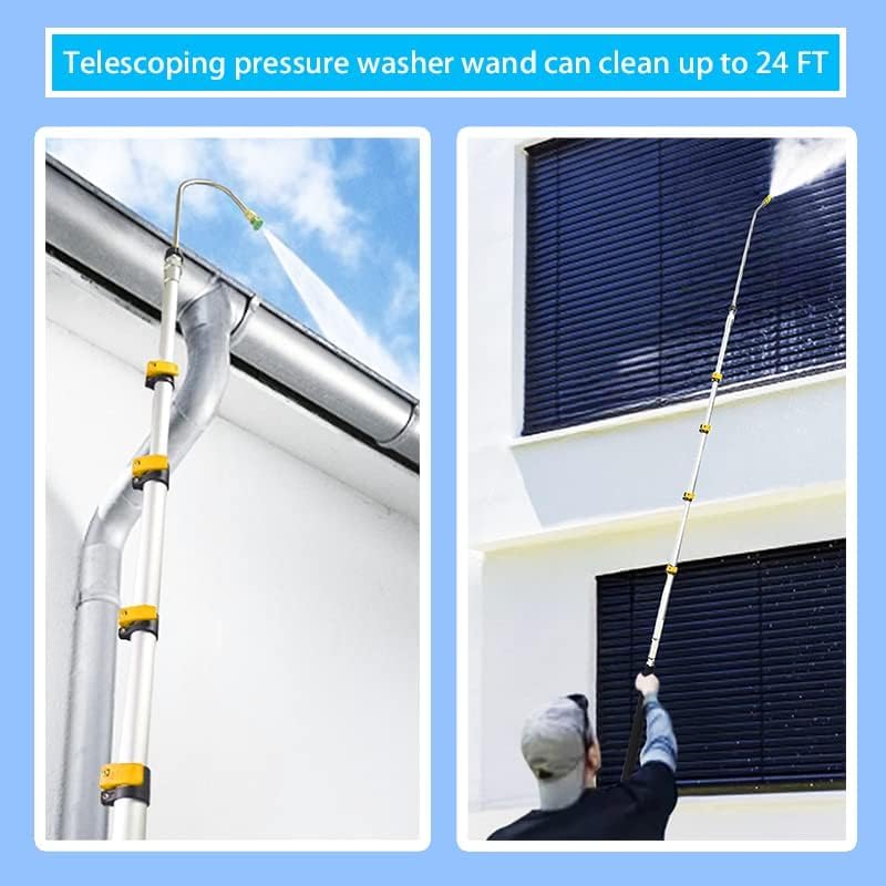 24 FT Telescoping Pressure Washer Wand (Heavy Duty Stainless Steel) with Power Washer Extension Wand, Gutter Cleaner Attachment, 2 Adapters, 5 Spray Nozzles & Support Belt for Wall Roof Gutter
