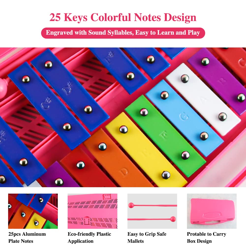 Eavnbaek Xylophone 25 Notes Glockenspiel for Kids, Professional Percussion Instrument With Hard Case and Safe Mallets, for Student Beginners, Music Teaching and Gifts (Pink)