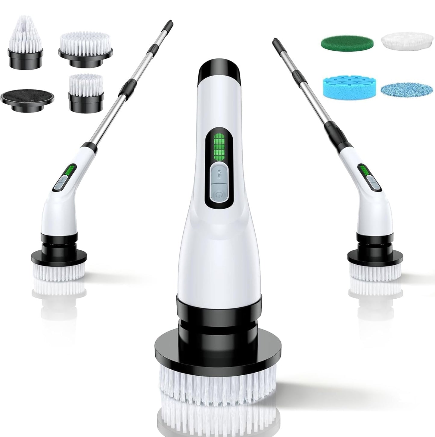 Electric Spin Scrubber for Bathroom: Shower Scrubber with Long Handle, Dual Speed Cordless Power Cleaning Scrub, 7 Brush Heads, IPX7 Waterproof Heavy Duty Cleaner Tools for Tub Tile Grout Wall(White)