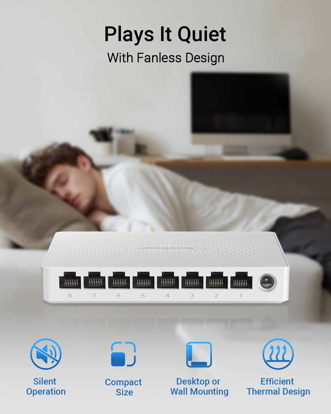 BrosTrend 8 Port 2.5G Network Switch, Unmanaged Ethernet Switch Multi-Gigabit, Ideal for Game Console NAS PC, Plug & Play 2.5Gbps Ethernet Splitter, Fanless, Desktop / Wall-Mount, Lifetime Protection