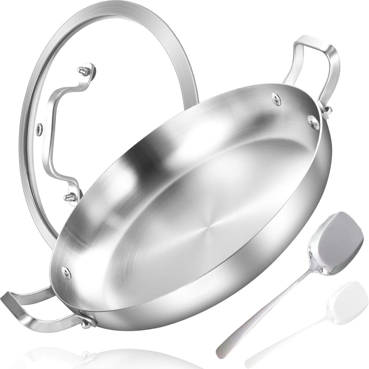 Inqibee 12-Inch Tri-Ply Stainless Steel Paella Pan with Lid, Large Skillet,Saute Pan with Lid,Frying Pan,Induction pan,Dishwasher and Oven Safe.