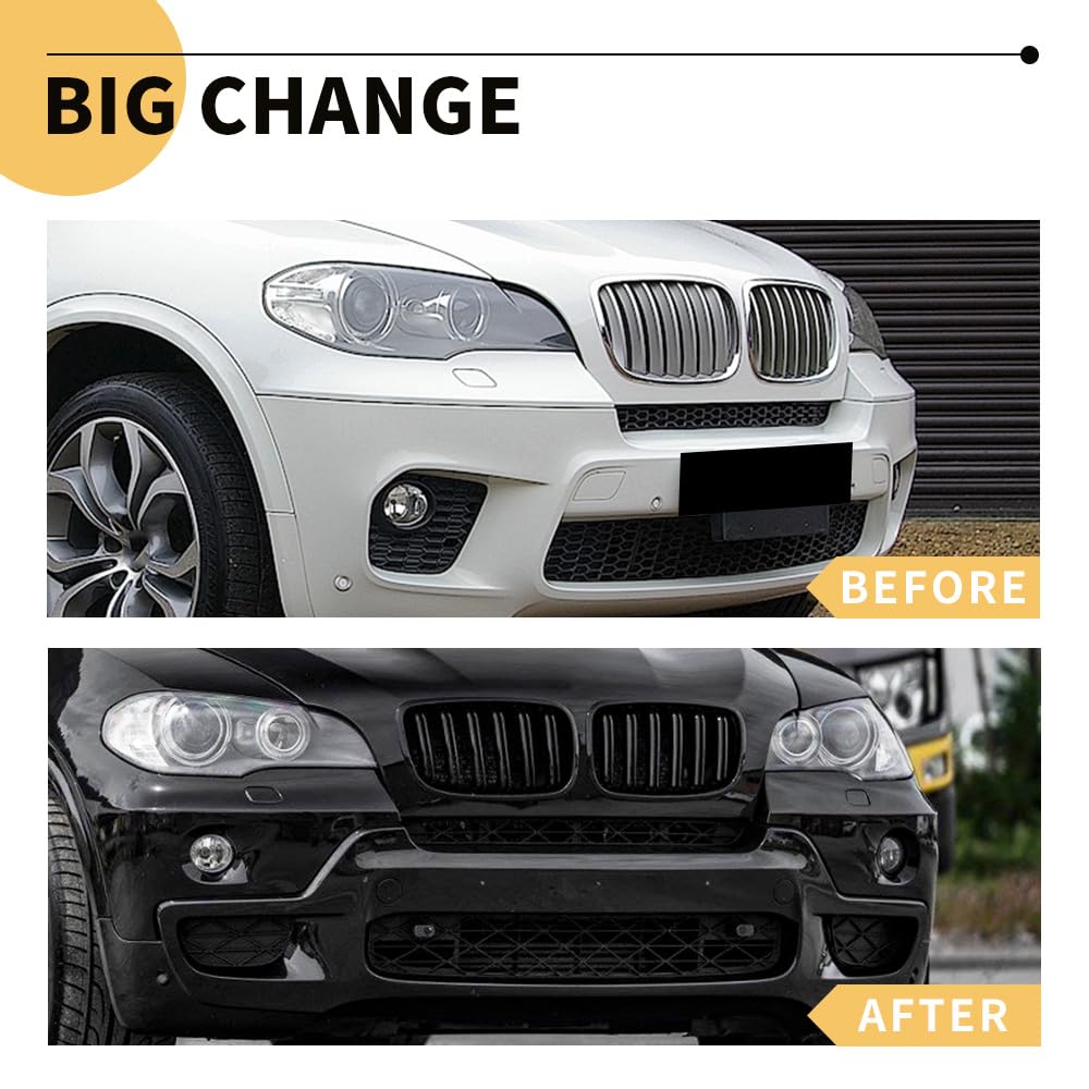 MAXDOM Replacement Front Upper Grill Fit for BMW (2007-2013) X5 E70 (2008-2014) X6 E71 – Gloss Black Double Slats ABS Grille