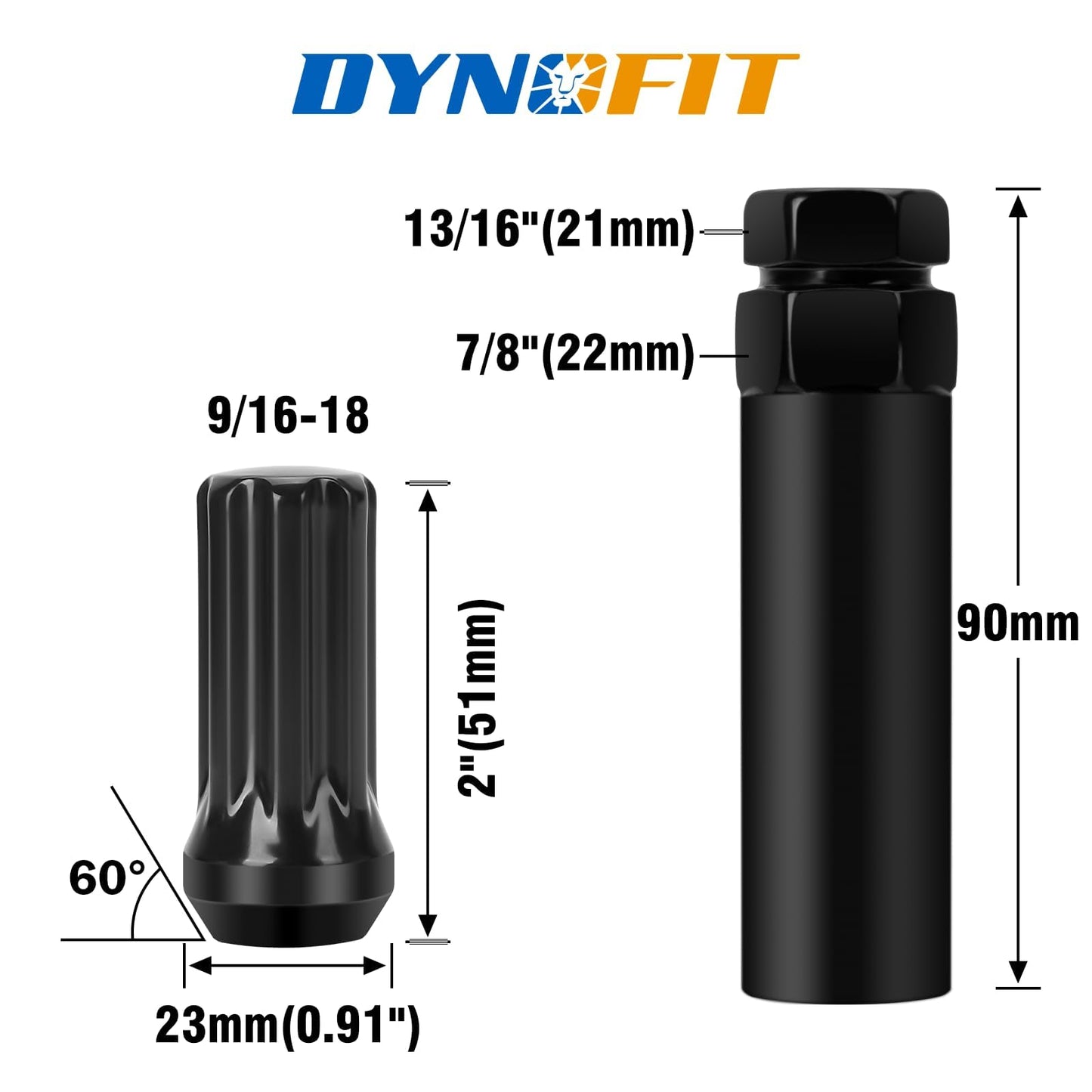 Dynofit 32pc 9/16"-18 Spline Lug Nuts for 1994-2011 Dodge Ram 2500/3500, Black Closed End, 2" Tall, 60° Conical Seat Compatible with 8-Lug Aftermarket Rims, Include 1 Socket Key