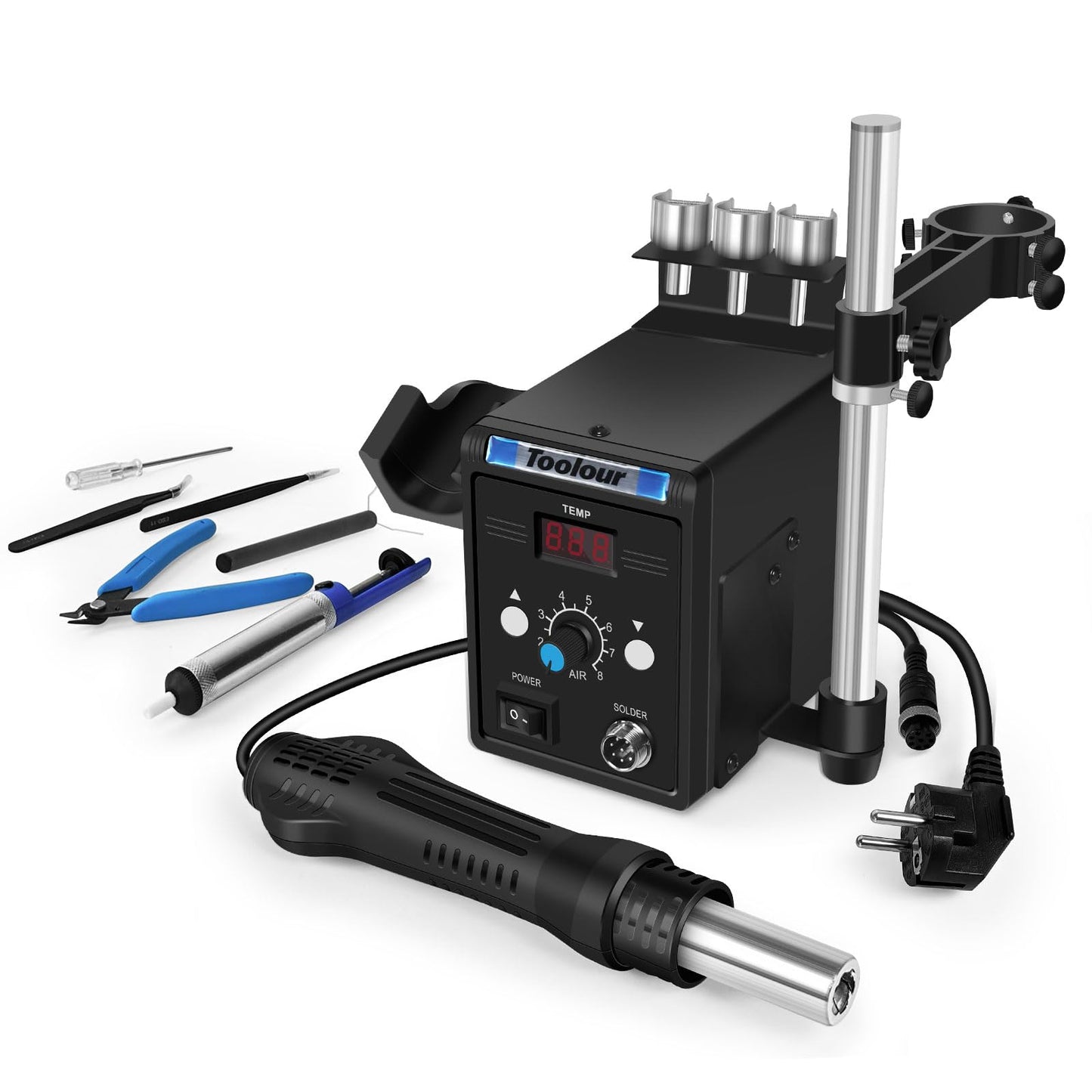 Hot Air Rework Station,110V SMD Soldering Stations with Heat Gun Set,Adjustable Hot Air Gun Holder, °C/℉ Temperature LED Screen Display,for Electronics Repairing Desoldering Welding
