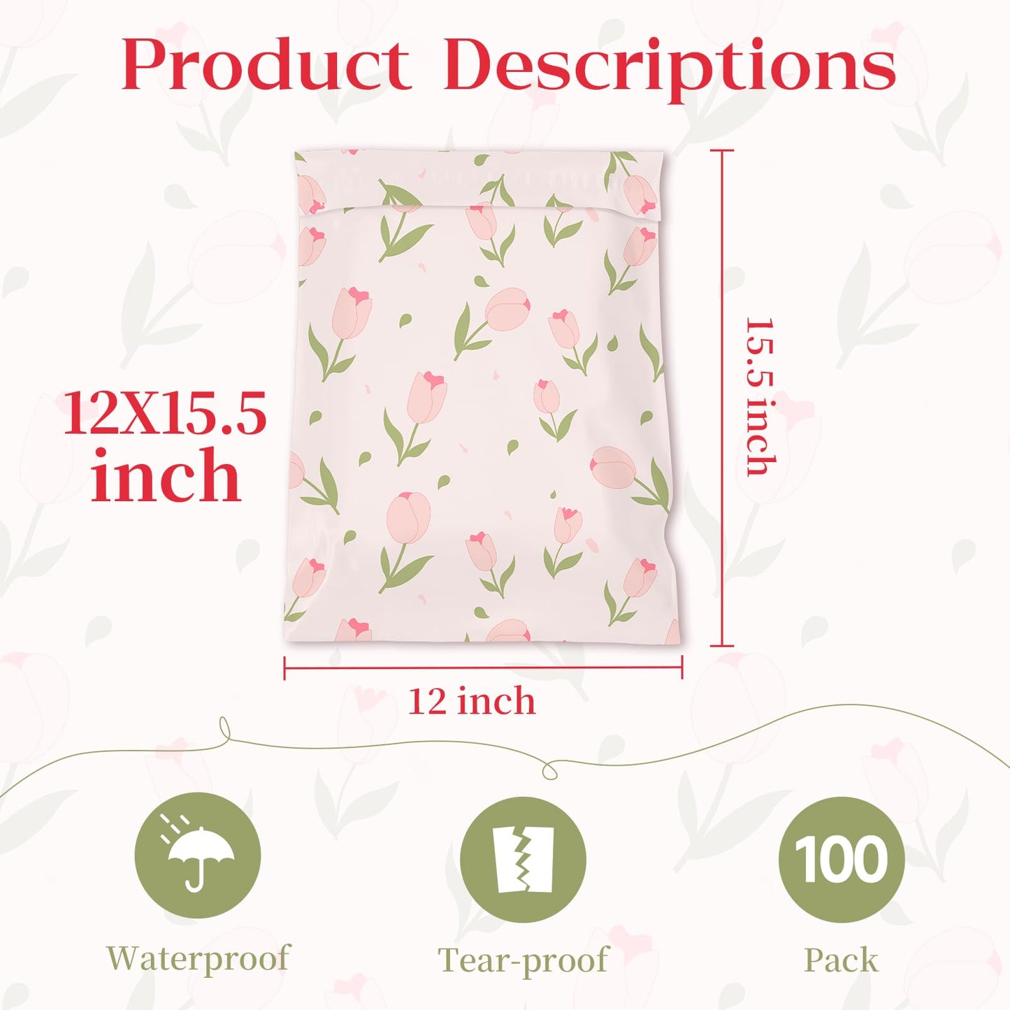 KKBESTPACK Cute Floral Poly Mailers 12x15.5, 100 Pack – Pink Tulip Designer Waterproof Self Seal Tear Resistant Shipping Bags for Small Business Packaging Supplies