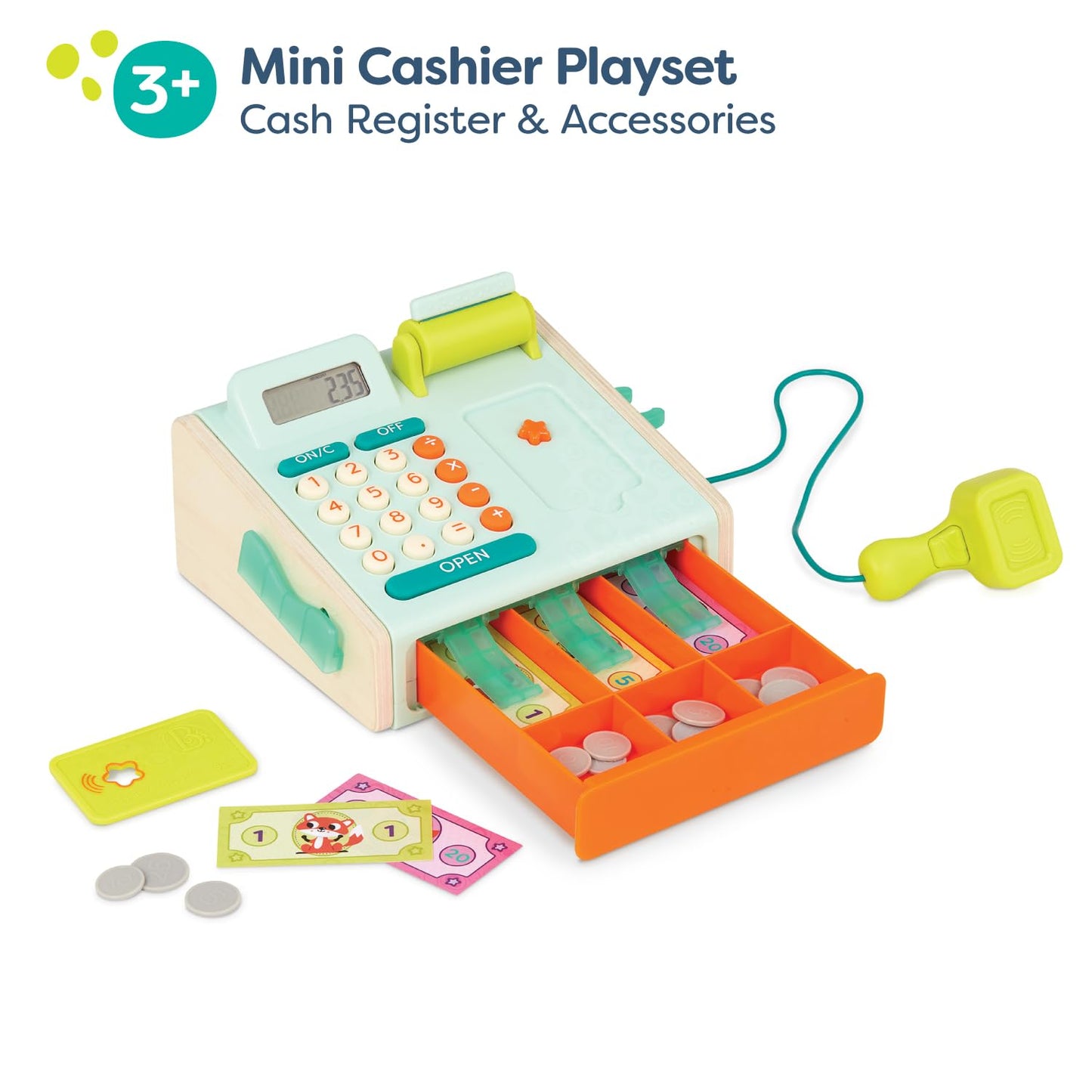 B. Toys – Cashier Playset – Pretend Play Cash Register – Play Money, Calculator, Scanner – Role – Play Cashier Set – Learning Toys for Kids – 3+ Years(30 Pieces)