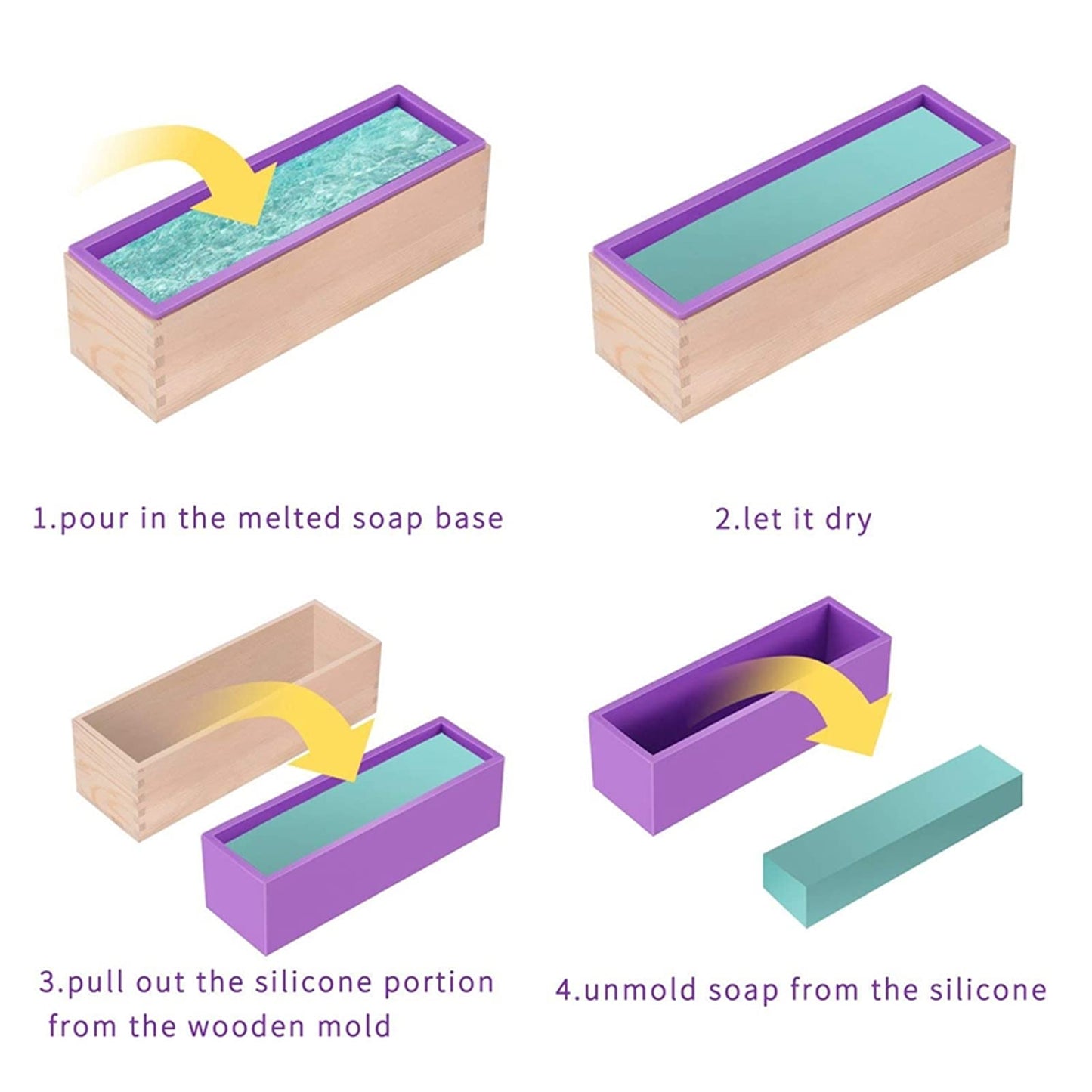 3 Pack 42oz Silicone Soap Molds, Flexible Rectangular Silicone Soap Making Tools Soap Molds Set DIY Handmade Loaf Soap Molds Kit with Wood Box For Soap Cake Candle Making(Purple)