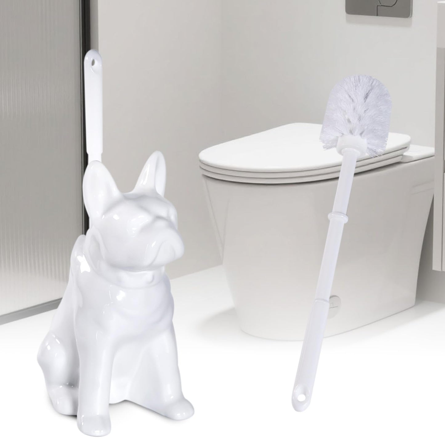 Toilet Brush Holder Set for Bathroom Cute Dog Base Solidly Toilet Bowl Brush Holder and Decorative Bathroom Ceramic Cleaning Kit with Brush and Holder (White)