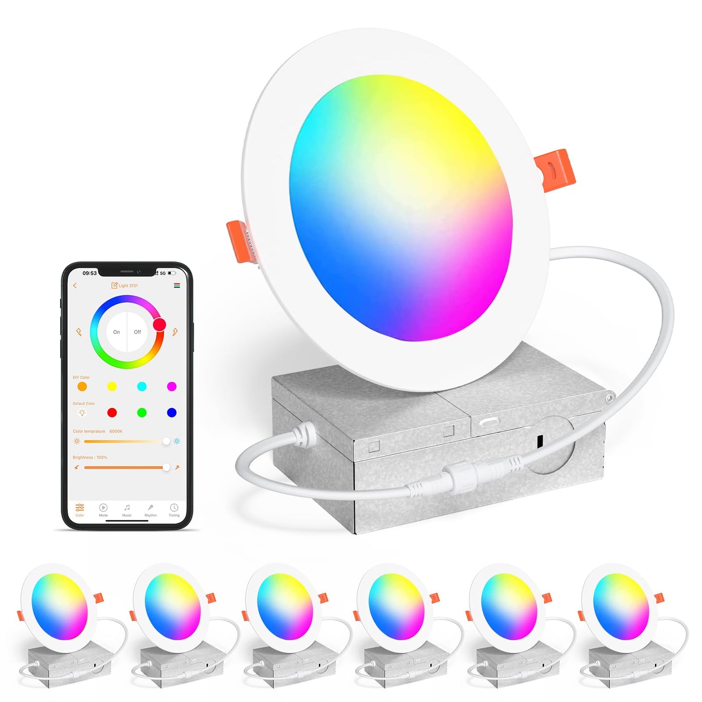 Smart Recessed Pot Lights LED 4 Inch, Bluetooth RGBCW Color Changing Recessed Lighting, Compatible with Alexa, 2700k-6000k Dimmable 1080LM Canless Downlight with Junction Box for Bedroom,Party,6 Pack