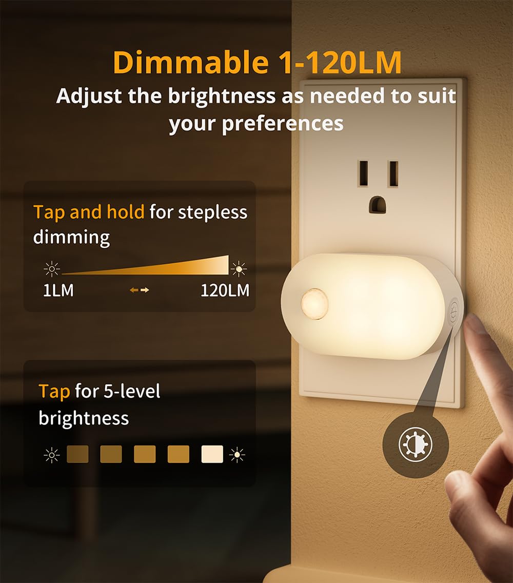 Lyridz Motion Sensor Night Light, Superior Bright 1-120LM Plug-in Nightlight Smart Warm White LED Light with Stepless Adjustable Brightness for Bedroom, Kitchen, Stairs, Hallway, 6 Pack