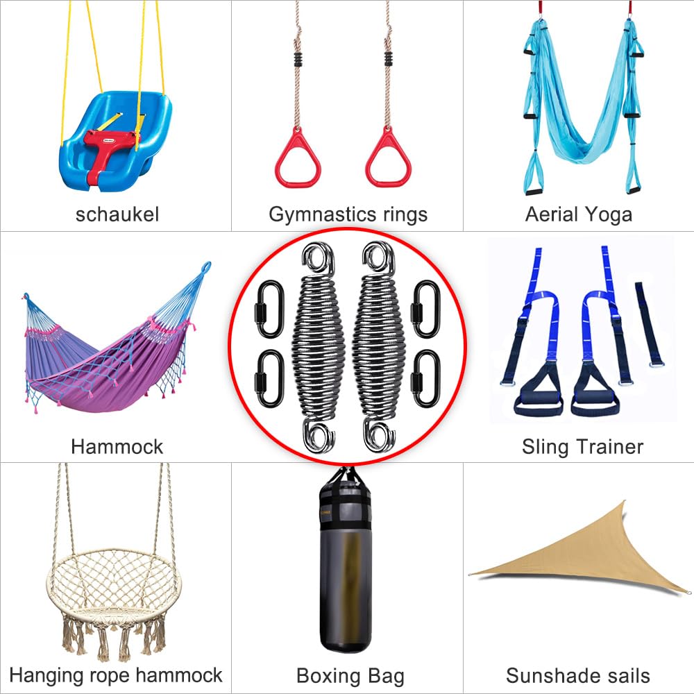 SELEWARE Heavy Duty Swing Springs for Hammock Chair, Porch Swing, Hammock Stands Mount, Innovative Conical Shape & Double Closed Ring Design Up to 400 lbs, w/Locking Carabiners (Silver A -2 Pack)
