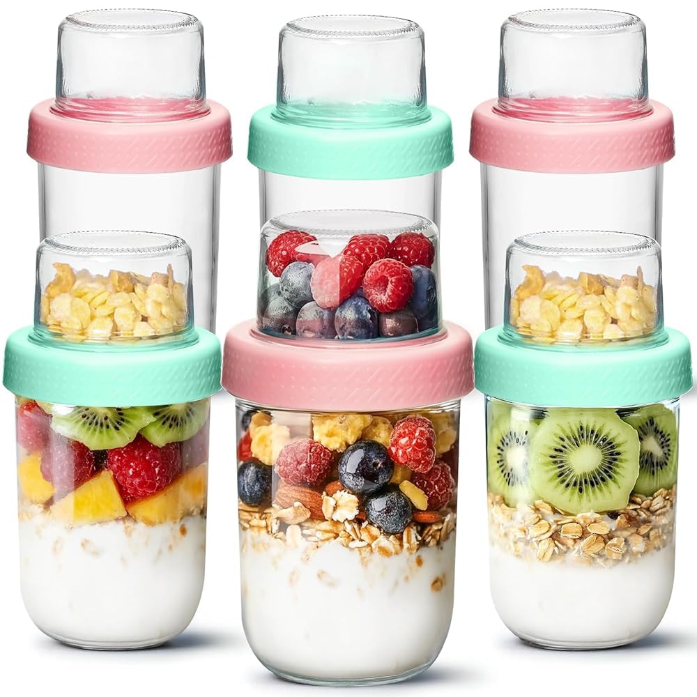 ComSaf Overnight Oats jars with Lids （16oz+4oz 6Pcs）, Dual-Laryer Chia Pudding Jars with Dry and Wet Separation, Yogurt Parfait Contianer for Oatmeal Cereal Nut Fruit, Meal Prep Glass Jars for Salad