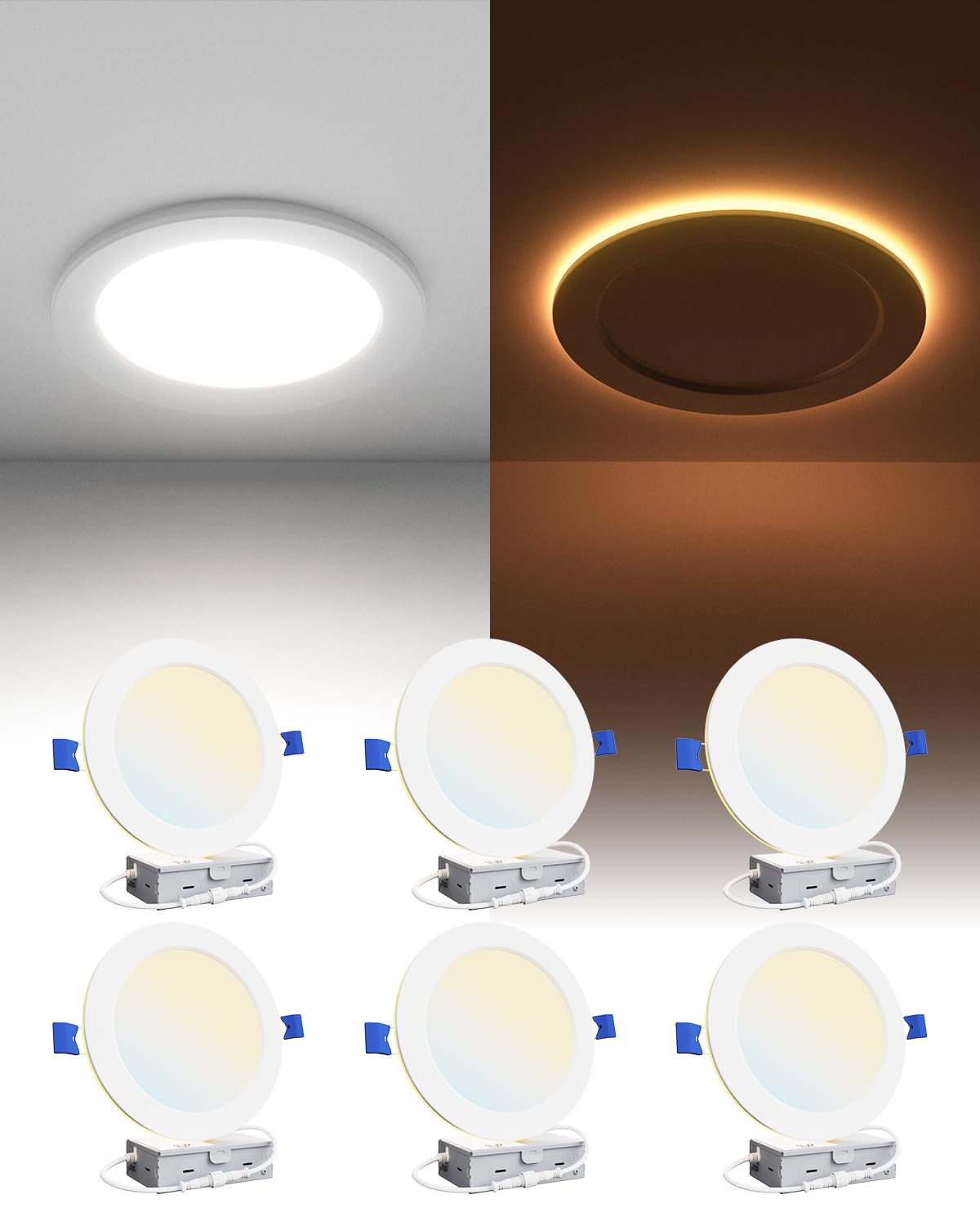 Ensenior 6 Pack 6 Inch LED Recessed Pot Light with Night Light, Dimmable, 2700K-5000K 5CCT, 1050LM 12W 120V, High Brightness Canless Wafer Downlight - ETL&FCC&IC