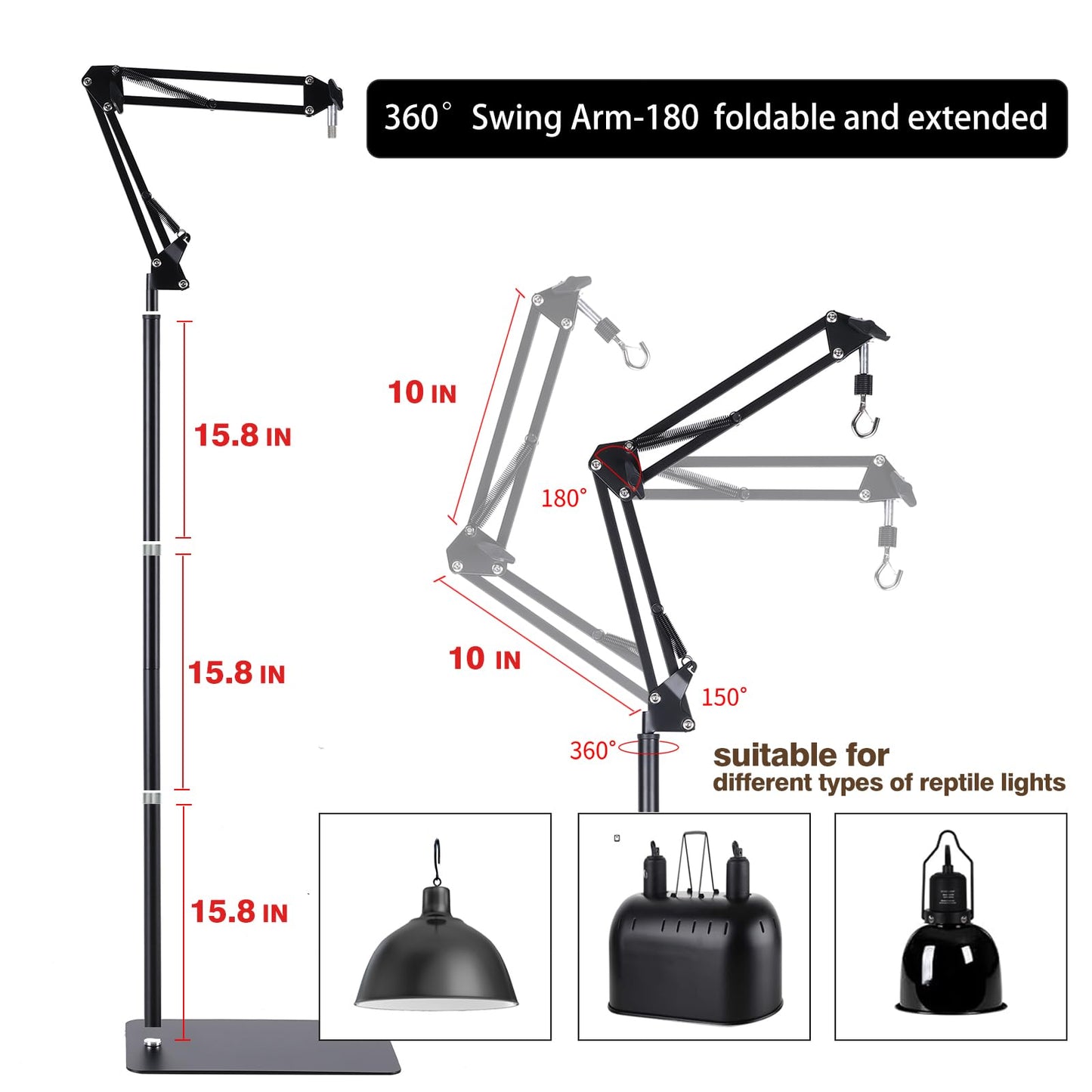 Metal Reptile Lamp Stand Tall Floor，Reptile Heat lamp Stand Adjustable with 360 °Swing Arm Reptile Heating Lamp Stand Suitable for Different Types of Reptile Lights.