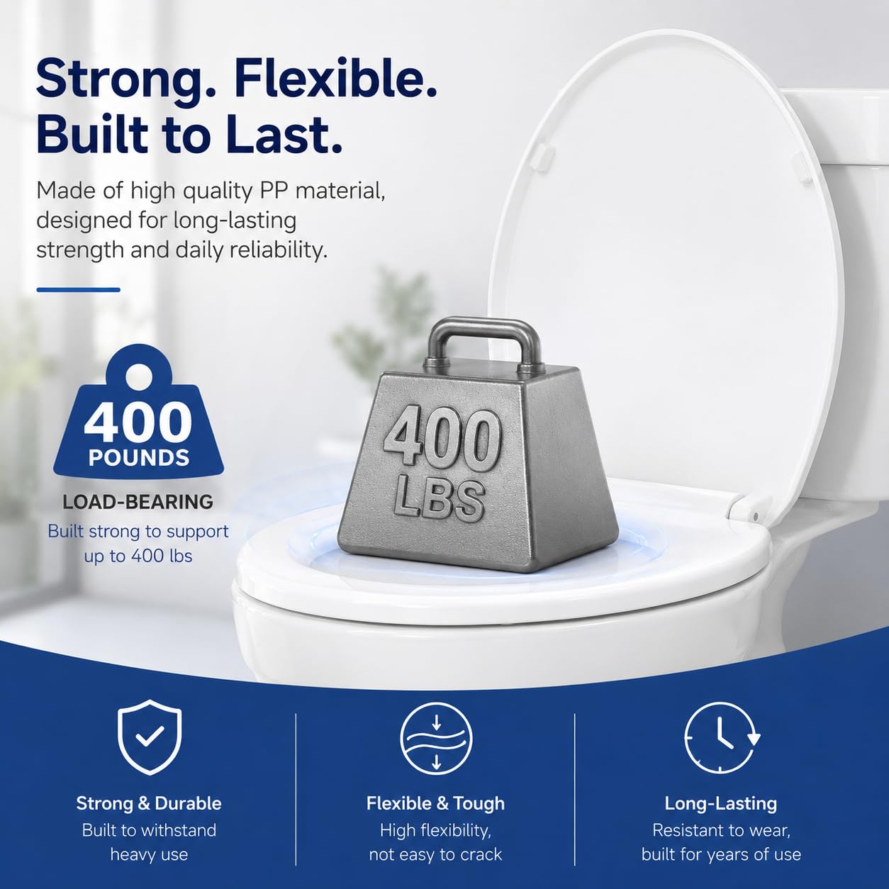 Elongated Toilet Seat, 18.5” Soft/Slow Close Oval (Oblong) Toilet Seat for Elongated Toilets, No-Slam Quiet-Close Lid, Easy-to-Install & Clean, Durable Never-Loosen White Plastic Seat