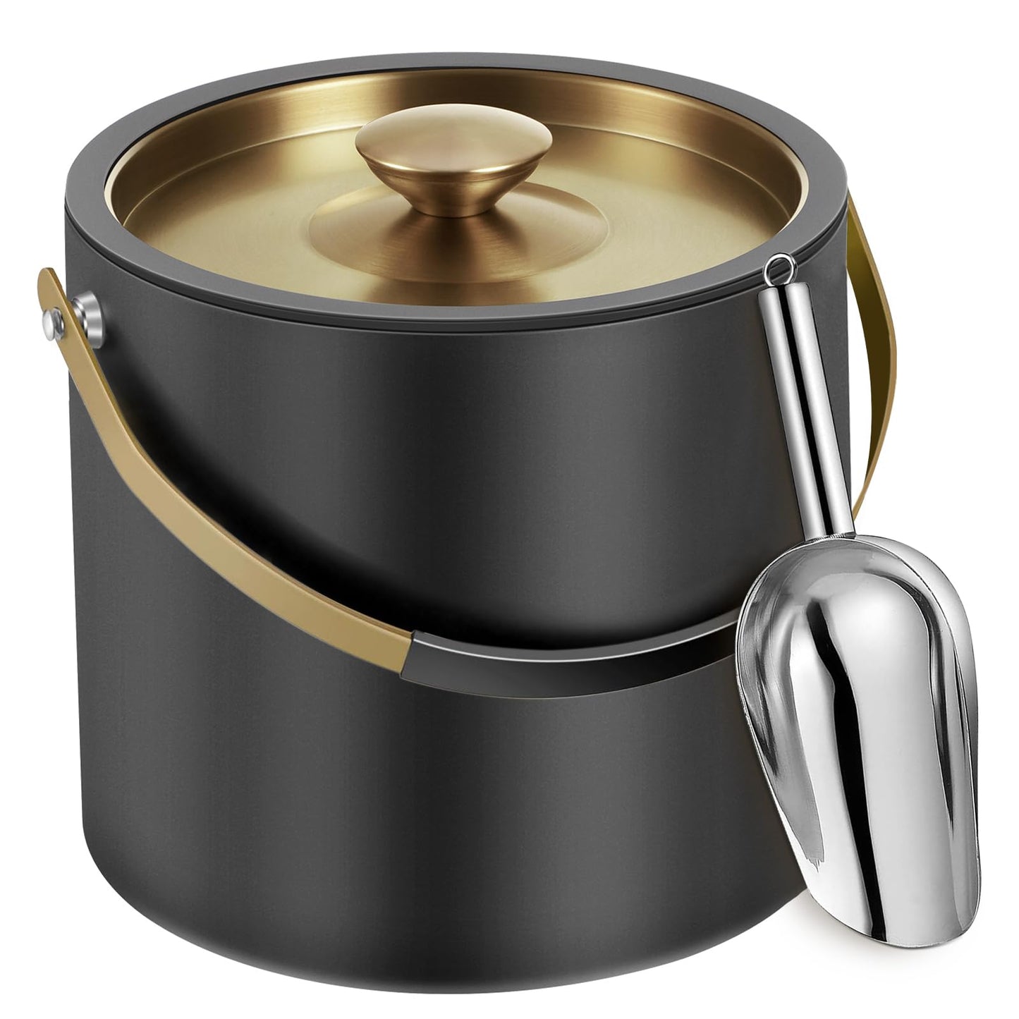 3.2L Modern Insulated Ice Bucket with Silicone Lid, Scoop, Strainer, Double Wall Stainless Steel Ice Bucket for Parties & Cocktail Bar,Ideal for Gift