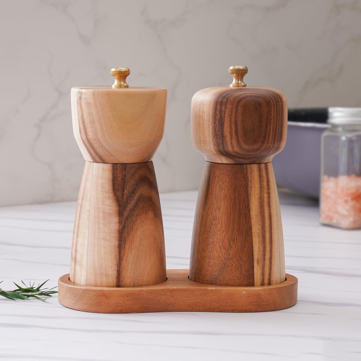 DeroTeno Salt and Pepper Mill Set with Tray, Adjustable Ceramic Grinder Salt Mill, Stainless Steel Grinder Pepper Mill, Acacia Wood, 14 cm/ 5 Inch Height, Bottom Dia 6 cm /2.36 inch