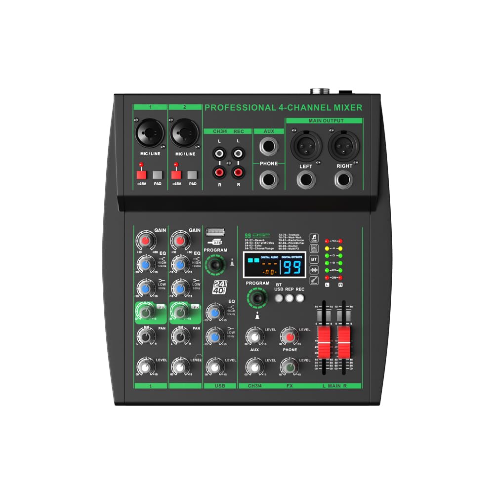 Yamnweo mw-4 black 4Channel Audio Mixer with 99 Sound Effects for PC,Portable Sound Mixing Console with BT USB Recording Input for Live Streaming,Podcasting