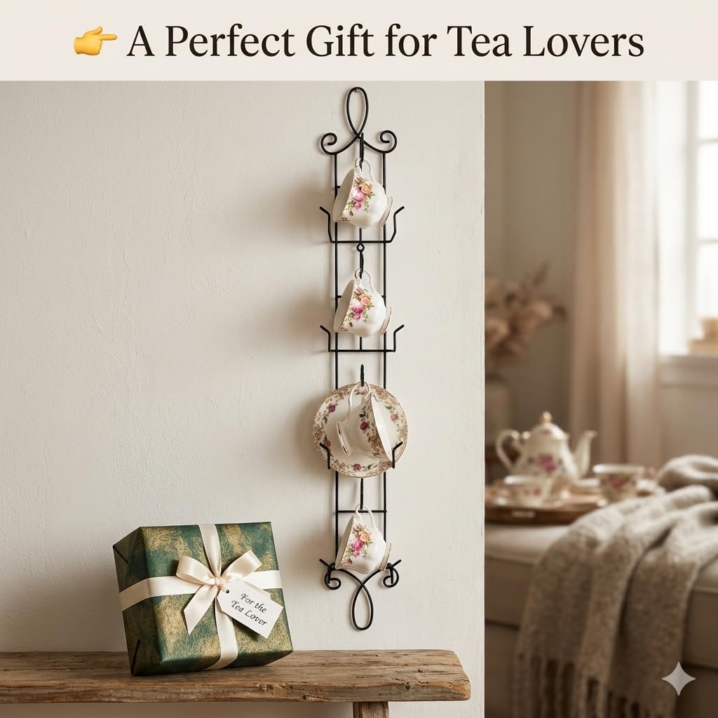 HOHIYA Wall Mounted Tea Cup Display Rack 2 Pack Vertical Metal Teacup and Saucer Holder for China Cups Coffee Mugs and Small Plates Kitchen Storage and Display Organizer Black