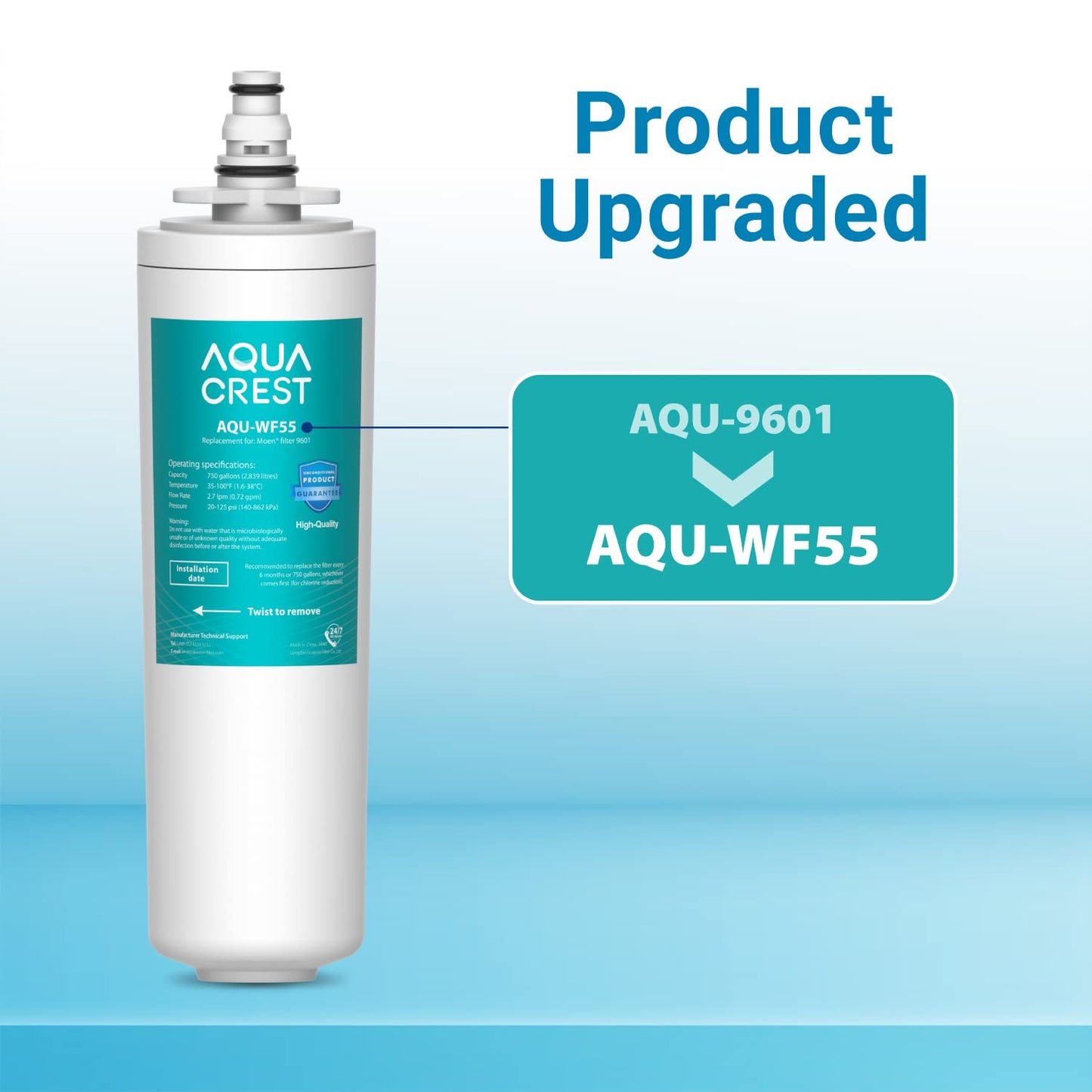 AQUACREST 9601 Water Filter, Model No.WF55, Replacement for Moen 9601 ChoiceFlo 9600, 9602, 9500, 9501, 9502, Fits F87400, F7400, F87200, 77200, CAF87254, S5500 Series of Moen Faucets