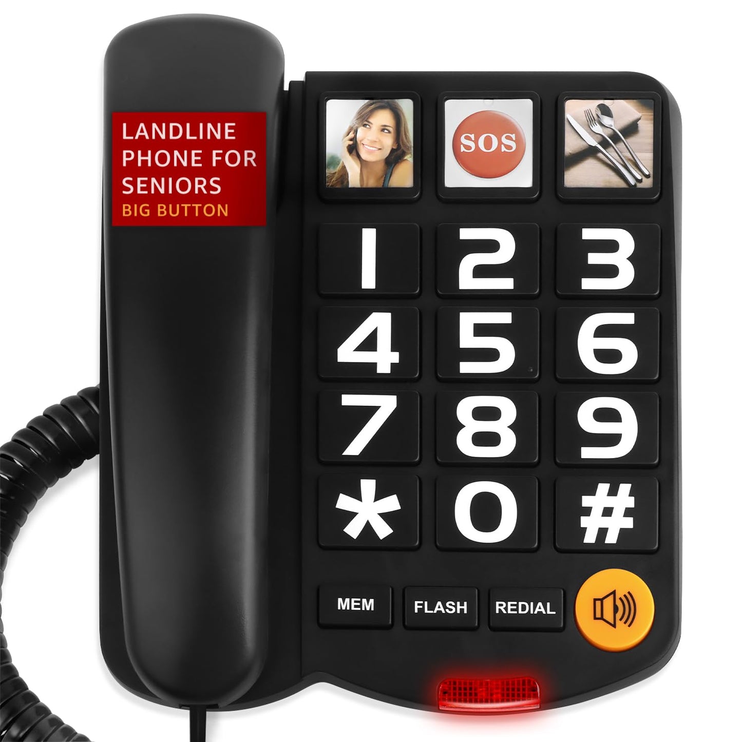 Uvital Big Button Phone for Seniors, Corded Landline Phone with 2 One-Touch Dialing Big Buttons and 1 SOS Emergency Button, Hands-Free Calling, Black Senior Telephone for Visually Impaired