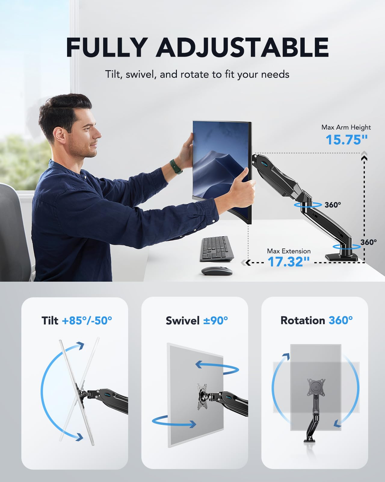 HUANUO Single Monitor Mount, 13 to 32 Inch Design Monitor Arm, Adjustable Stand, Vesa Mount with Clamp and Grommet Base - Fits 4.4 to 19.8lbs LCD Computer Monitors